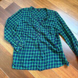 Talbots Womens Holiday Plaid Flannel Shirt Large Navy Green Plaid Long Sleeve